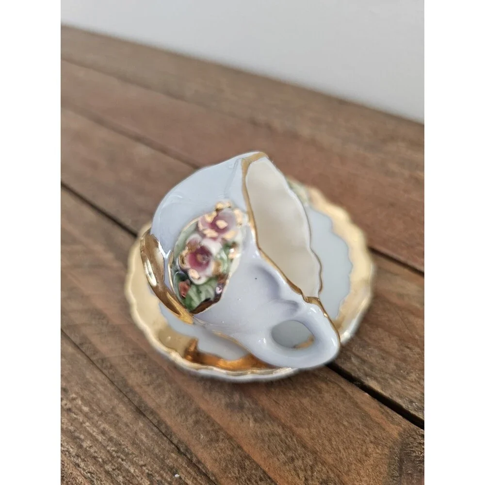 Vintage Miniature Light Gray Cup And Saucer Raised Flower Design